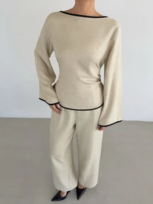 Siren Gaze Women's Round-Neck, Flared-Sleeve, Long-Sleeve, Fitted-Waist Shirt And Pants Set-Perfect For Business, Commuting, And Everyday Work Wear In The Fall. - Apricot - View 4