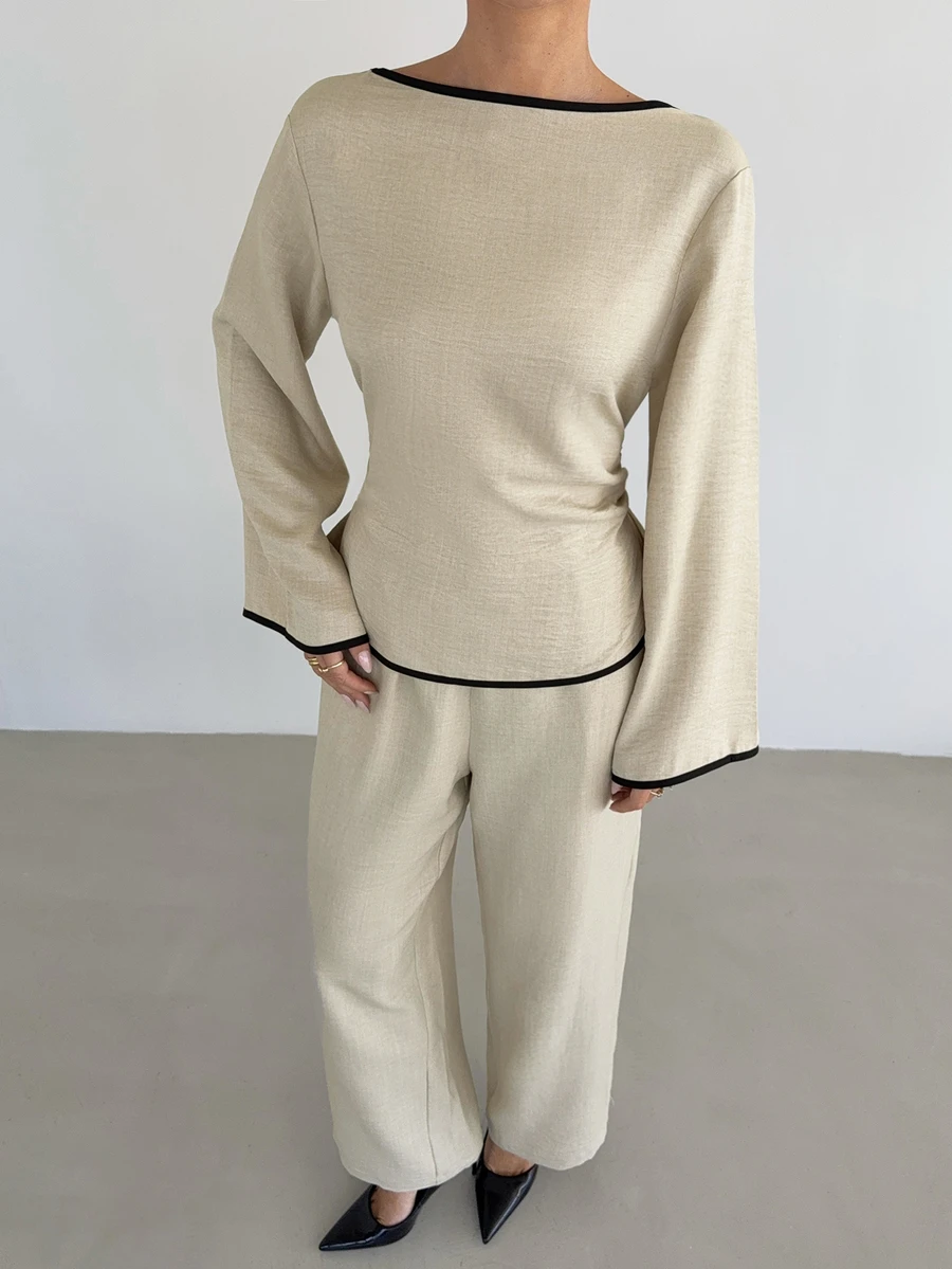 Siren Gaze Women's Round-Neck, Flared-Sleeve, Long-Sleeve, Fitted-Waist Shirt And Pants Set-Perfect For Business, Commuting, And Everyday Work Wear In The Fall.