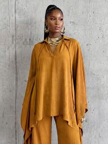 BamGlimmer Women's Solid Color Batwing Sleeve Asymmetric Hem Shirt And Pants Casual 2 Pieces Set - Yellow - View 6
