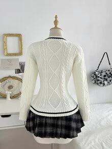 Elamini Cardigan Rajut Kabel Warna Kontras Leher V Kancing Tunggal Saku Jaket Manis Gaya Kasual Preppy Sweater Depan Terbuka Wanita - Putih - View 2