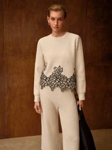 MOTF WOMEN'S AUTUMN/WINTER GUIPURE LACE APPLIQUE TEXTURED FABRIC SWEATER AND WIDE LEG PANTS SET - Apricot - View 5