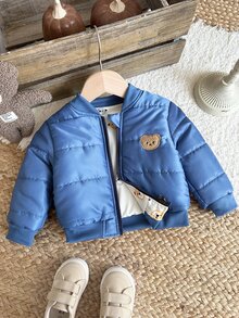 Souflis Souflis 男嬰幼兒 0-3 歲可正反穿厚實絎縫摩托飛行夾克，卡通藍熊拉鍊夾克，秋冬可愛男嬰熊棒球夾克 - 藍色 - 查看 12