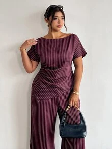 Firerie Plus Size Fashion Commuter Striped Shirt & Pants Suit Set - Red Violet - View 8