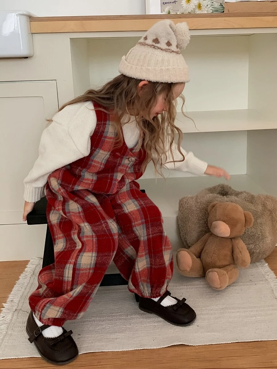 Dazy Kids Young Girls' Plaid Sleeveless Loose Red Autumn/Winter Brushed Fleece Jumpsuit - Brown - View 1