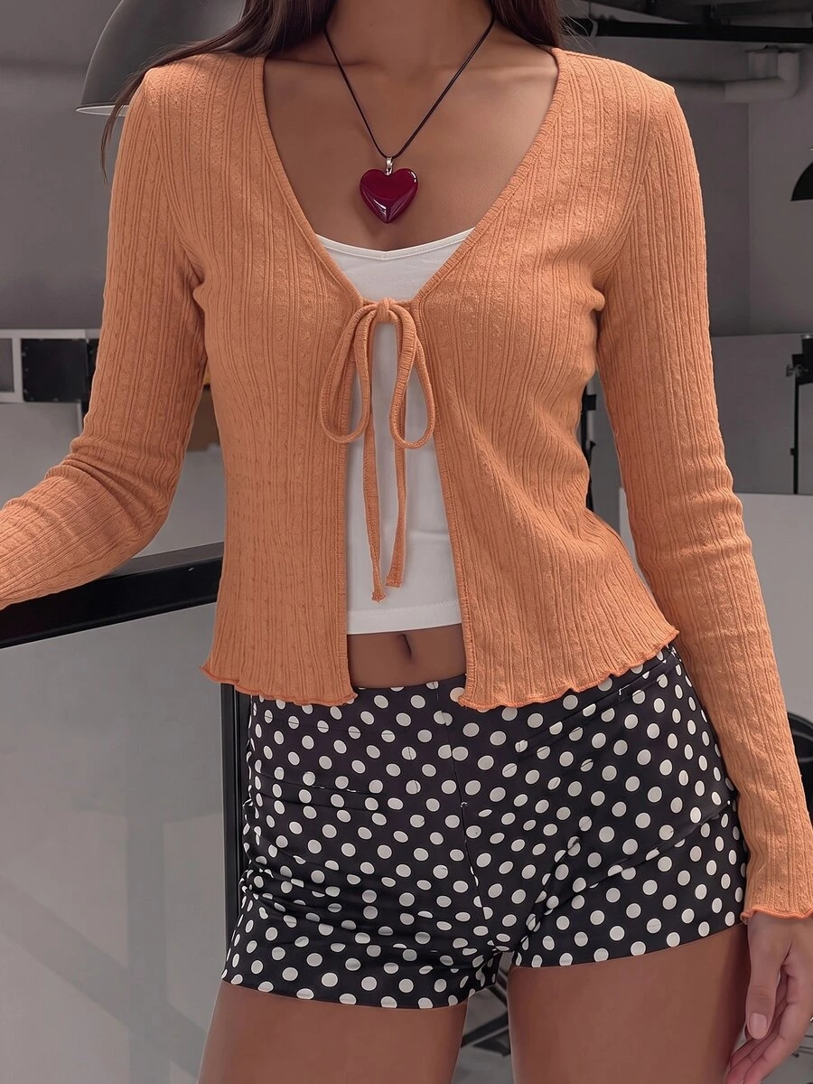 MainGRL Women's Sweet Textured Tie-Front Long Sleeve Knit Cardigan For Party - Khaki - View 1