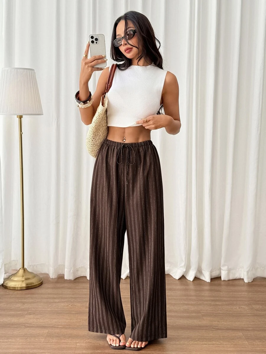 SHEIN PETITE 女款休閒綁帶腰直筒長褲,適合夏季 - 棕色 - 查看 1
