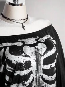 SHEIN ICON 大尺碼 Y2K 骷髏印花寬肩開衩迷你洋裝，萬聖節露肩洋裝 - 黑色 - 查看 7