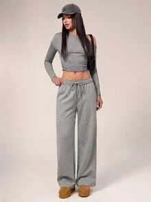 Avantive Women's Solid Color Drawstring Waist Straight Leg Loose Casual Sweatpants - Grey - View 1