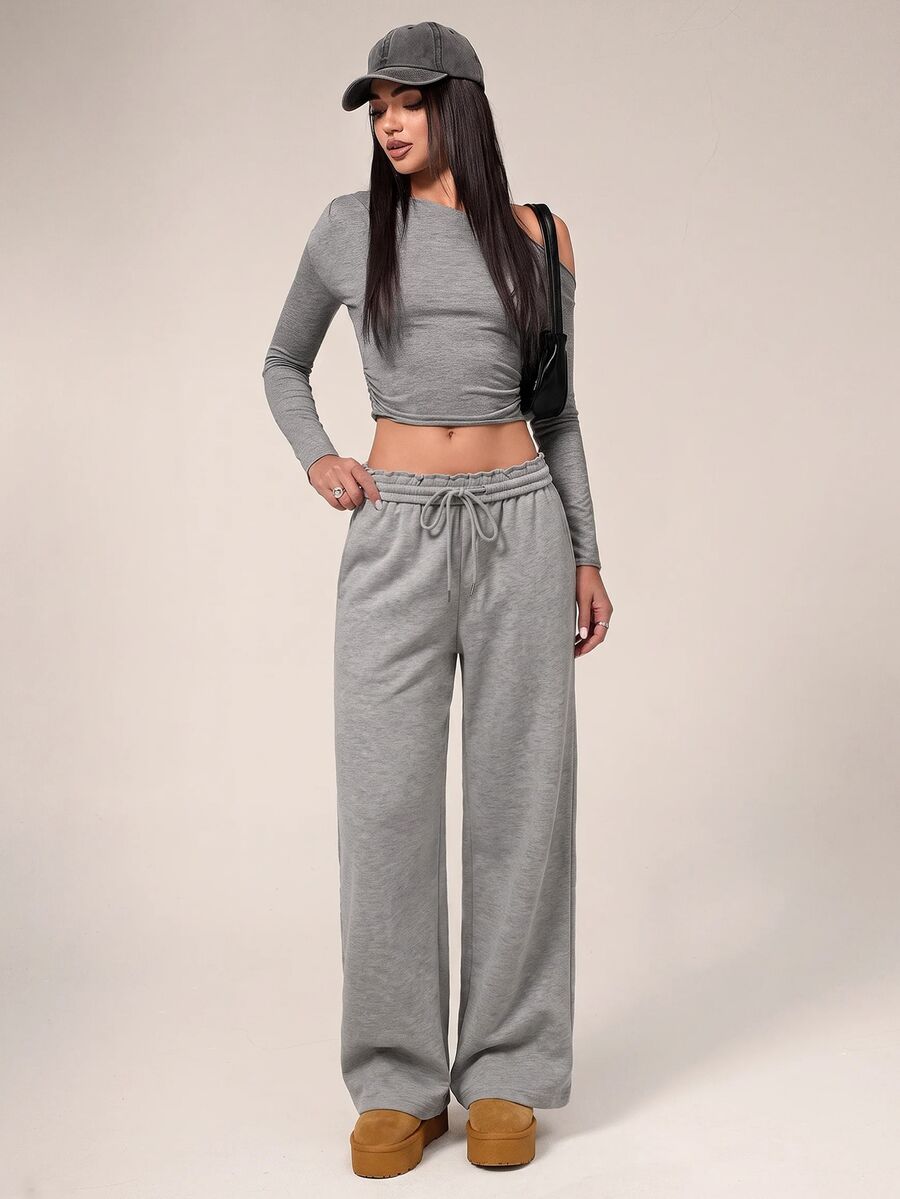 Avantive Women's Solid Color Drawstring Waist Straight Leg Loose Casual Sweatpants - Grey - View 1