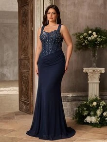 Aureia Plus Size Elegant Romantic Sweetheart Neckline Spaghetti Strap Luxury French Lace Sheer Mesh Patchwork Knit Fabric Ruched Waist A-Line Evening Dress For Wedding Party Celebration Formal Event Gala (Intricate Design) - Navy Blue - View 5