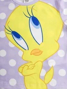 LOONEY TUNES X SHEIN 少女卡通印花休閒百搭日常穿著短袖T恤 - 紫色 - 查看 4