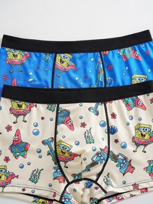 SpongeBob SquarePants | SHEIN سروال داخلي رجالي بطبعة كرتونية وألوان متباينة للاستخدام اليومي العادي - الأزرق - مشاهدة 3