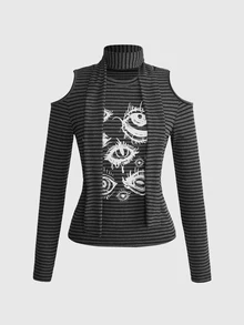 ROMWE Grunge Punk Punk Black & Grey Striped Knit Eye Print Casual Women's T-Shirt - Dark Grey - View 1