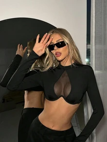 SHEIN ICON Y2K 性感街頭風超短版愛心鏤空上衣 - 黑色 - 查看 3