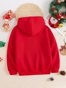 Kids Tween Boys Christmas Hat Print Thickened Crew Neck Long Sleeve Thermal Lined Autumn Winter Sweatshirt, Parent-Child Matching - Red - View 3
