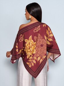 SOLERSUN 女款春夏時尚優雅休閒度假襯衫，斜肩、露肩、不對稱肩、插肩袖、蝙蝠袖、不對稱下擺、方巾下擺，杏黃色花卉定位印花，適合日常穿著、休閒度假、音樂節、返校季、教師節、假日穿著，寬鬆休閒襯衫 - 酒紅色 - 查看 3