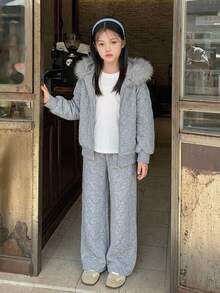 DAZY Set Pakaian Kasual Musim Gugur/Dingin untuk Anak Perempuan Remaja: Atasan Sweatshirt Lengan Panjang Berkerudung + Celana Panjang Lurus - Grey - View 5