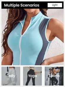 SHEIN Sports 女款拼色拉鍊休閒百搭日常旅行運動T恤 - 藍色 - 查看 5