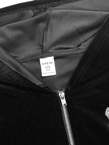 SHEIN 青少年女孩秋冬休閒時尚天鵝絨蝴蝶結水鑽連帽拉鍊運動衫與修身喇叭褲兩件套 - 黑色 - 查看 6