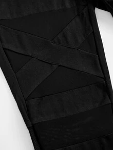 Girlism 青少年女孩針織修身網格拼接修身黑色緊身褲，適合瑜伽、戶外運動 - 黑色 - 查看 6