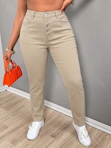 SHEIN ICON 大尺碼性感修身彈性黑色鈕扣前開牛仔褲 - 卡其色 - 查看 5
