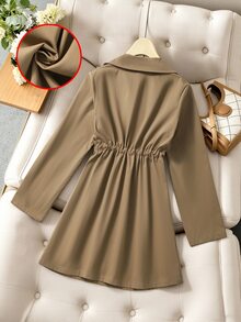 Girls' Mid-Length Classic Double-Breasted Lapel Waist-Cinching Trench Coat, Fall Clothes, Deep Khaki, Spring/Autumn - Brown - View 3