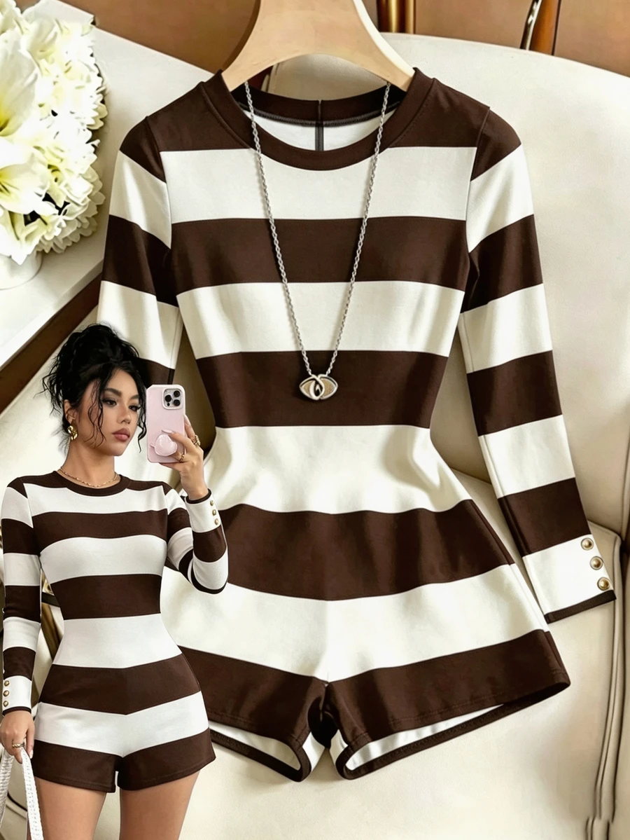 SHEIN Franclia 女款圓領條紋鈕扣長袖修身連身褲 夏季度假日海灘畢業款 - 棕色 - 查看 1