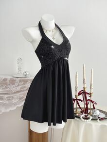 Elamini Gaun Mini Pesta Wanita Hitam dengan Patchwork Sekuin, Kerah V Seksi dan Tali Halter Ikat - Hitam - View 4