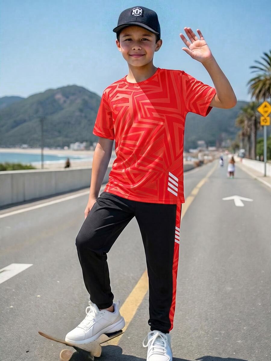 SHEIN 青少年男孩 2件組休閒短袖上衣與長褲套裝,運動風街頭穿搭 - 紅色 - 查看 1
