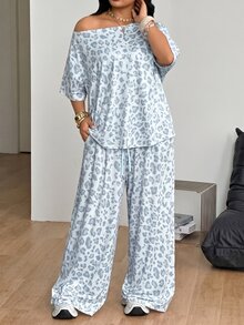 Coolane Plus Size Leopard Print One Shoulder T-Shirt And Drawstring Waist Loose Pants 2-Piece Set - Baby Blue - View 3