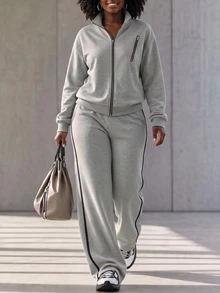 SHEIN LUNE Setelan Olahraga Kasual Longgar Kerah Tegak Terbaru untuk Wanita, Cocok untuk Sehari-hari, Bepergian, dan Berolahraga - Grey - View 10