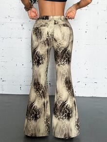 Jeanoix Celana Jeans Flare Pinggang Sangat Rendah Motif Hewan untuk Wanita, Warna Beige, Gaya Musim Panas Terinspirasi Era 90-an dan 2000-an - MultiWarna - View 3
