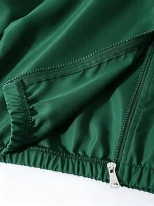 SHEIN 青少年女孩秋季休閒百搭極簡夾克套裝，胸前粉色字母刺繡，袖子與褲子側面飾有粉色蝴蝶結緞帶 - 墨綠色 - 查看 5