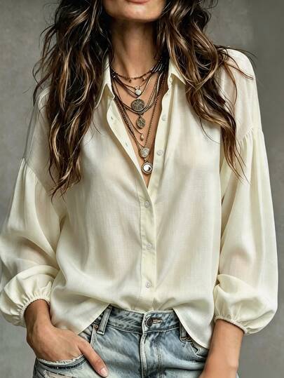 SHEIN Chemise texturée beige pour femmes, col à revers, simple boutonnage, ample, manches longues bouffantes en lanterne, amincissante, flatteuse, polyvalente, blouse ouverte devant