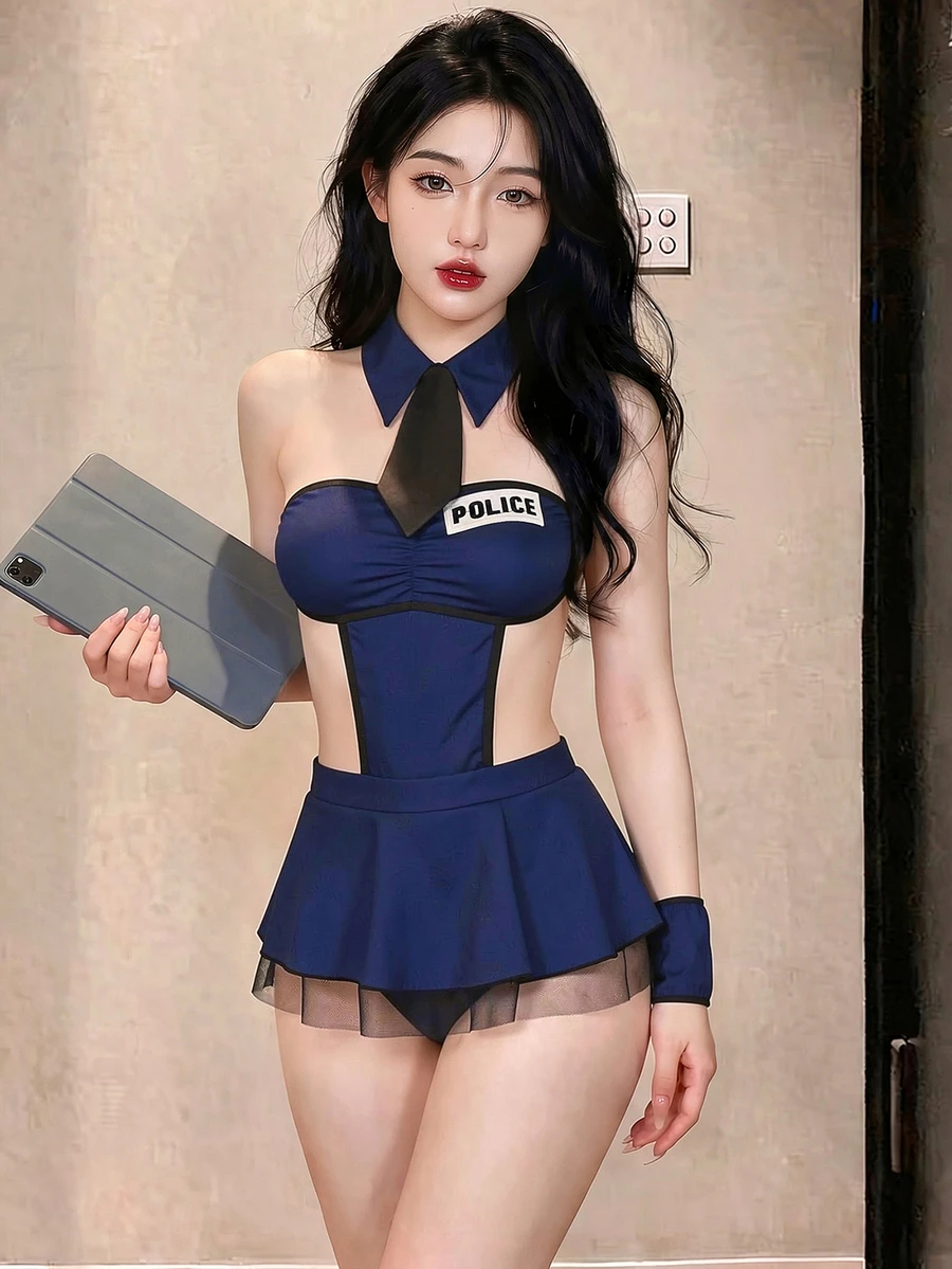 Dansine 女警官百褶抹胸連衣裙附丁字褲與綁帶套裝 - 藏蓝色 - 查看 1