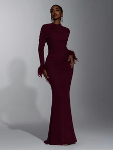 Elitara New Elegant Angora Red Mesh Long Sleeve Fluffy Ruched Fitted Bodycon Maxi Dress For Women, Wedding, Formal Occasions, Bridesmaid Dress - Burgundy - View 1