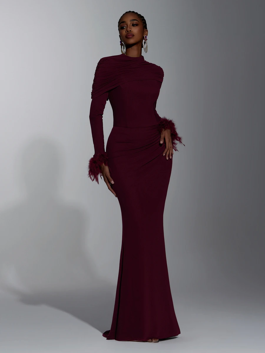 Elitara New Elegant Angora Red Mesh Long Sleeve Fluffy Ruched Fitted Bodycon Maxi Dress For Women, Wedding, Formal Occasions, Bridesmaid Dress - Burgundy - View 1