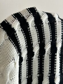 Autumina Soft Cable Knit Black & White Striped Crew Neck Cardigan For Women - Black and White - View 5