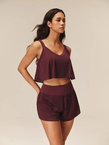 OutZeal Women Sports Tank Casual Gym Workout Breathable Vent Bra-In With Removable Pads Cropped T-Shirt - Burgundy - View 7