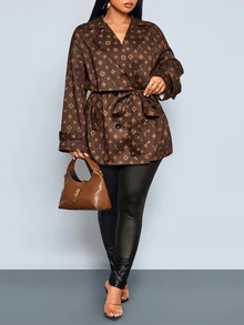 SOLERSUN Plus Size Women's Brown Letter Print Belted Silhouette Double-Breasted Tie-Front Trench Coat - Brown - View 4