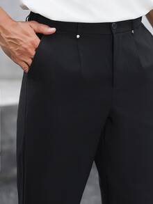 Manfinity Mode 男士純色百褶口袋直筒休閒正式長褲，黑色西裝西褲 - 黑色 - 查看 3