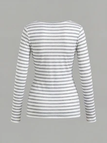 SHEIN EZwear 53%棉 灰色與白色條紋休閒百搭女款V領簡約修身長袖T恤，適合秋冬，百搭內搭層 - 彩色 - 查看 4