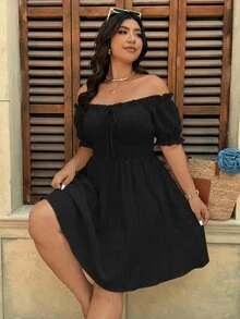 SHEIN LUNE Plus Size Women's Solid Color Ruffle Trim Off-Shoulder Front Tie Dress For Island Vacation - Black - View 4