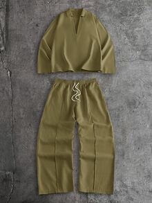 AXEPEAK Men's Casual Solid Color Shirt And Pants Set - Green - View 2