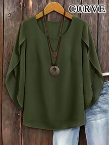 SHEIN LUNE 大尺碼女款透視襯衫，大喇叭袖，修身優雅 - 軍綠色 - 查看 5