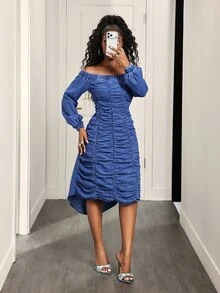 Slaydiva Slimming Elegant Casual Women's Denim Dress - Blue - View 5