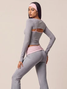 SHEIN BAE Women Light Pink High Waist Flare Pants Gym Workout Training Running Yoga Athletic Low Waisted Activewear Pilates Gym Summer - Light Grey - View 7