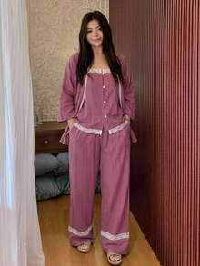 Dazy Plus 3件組度假風居家服套裝，3D波點紋理面料，大尺碼女款白色睡衣套裝，春/夏季 - 中紫紅色 - 查看 4