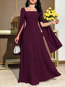 Modelyn 女款素色方領百褶長袖優雅洋裝 - 中紫紅色 - 查看 8