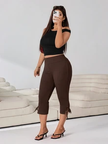 Solflare Chocolate Brown Plus Size Fitted Cropped Leggings - Chocolate Brown - View 4